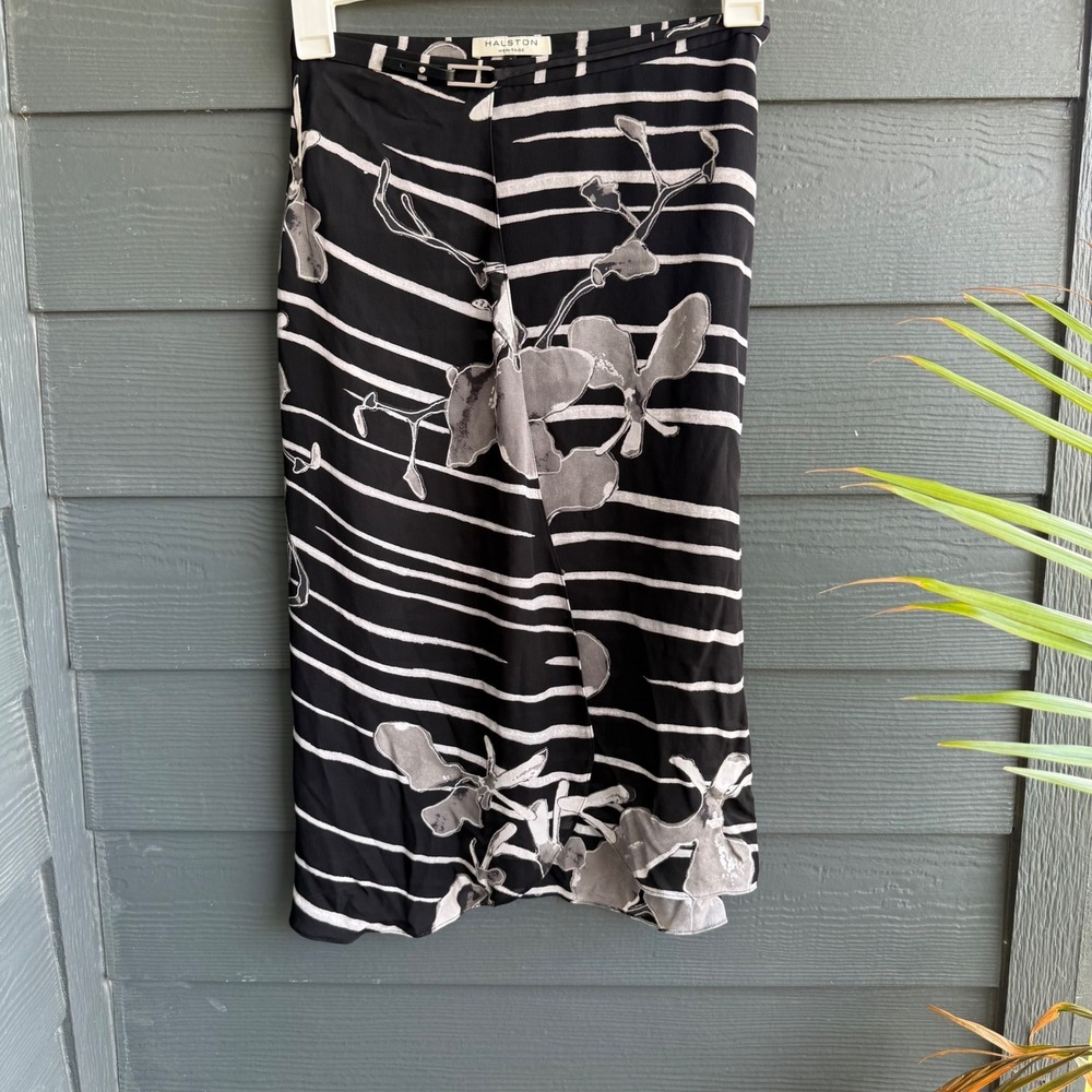 Halston Heritage Silk Floral Stripe Bias Midi‎ Skirt Black White Size 2
